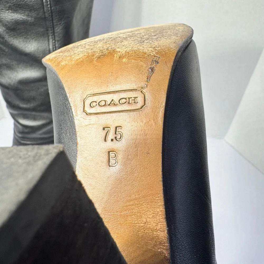 Coach Therese Black Leather Knee High Boots Gold Zip Tassel Block Heel Size 7.5B